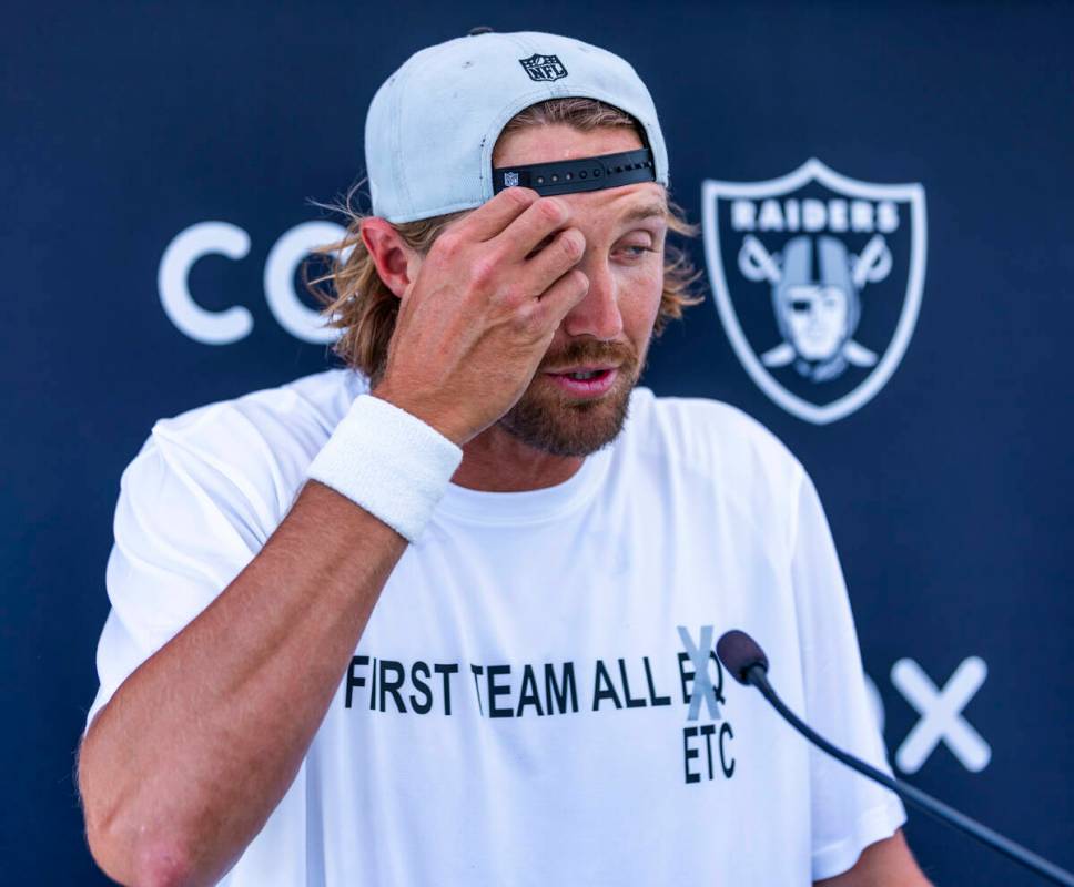 Raiders punter AJ Cole (6) speaks during OTA's at the Intermountain Health Performance Center o ...