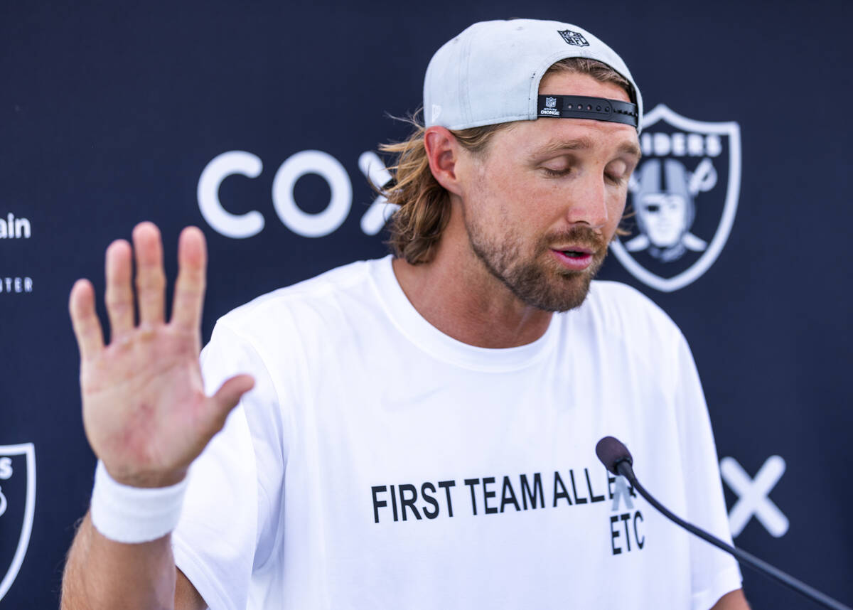 Raiders punter AJ Cole (6) speaks during OTA's at the Intermountain Health Performance Center o ...
