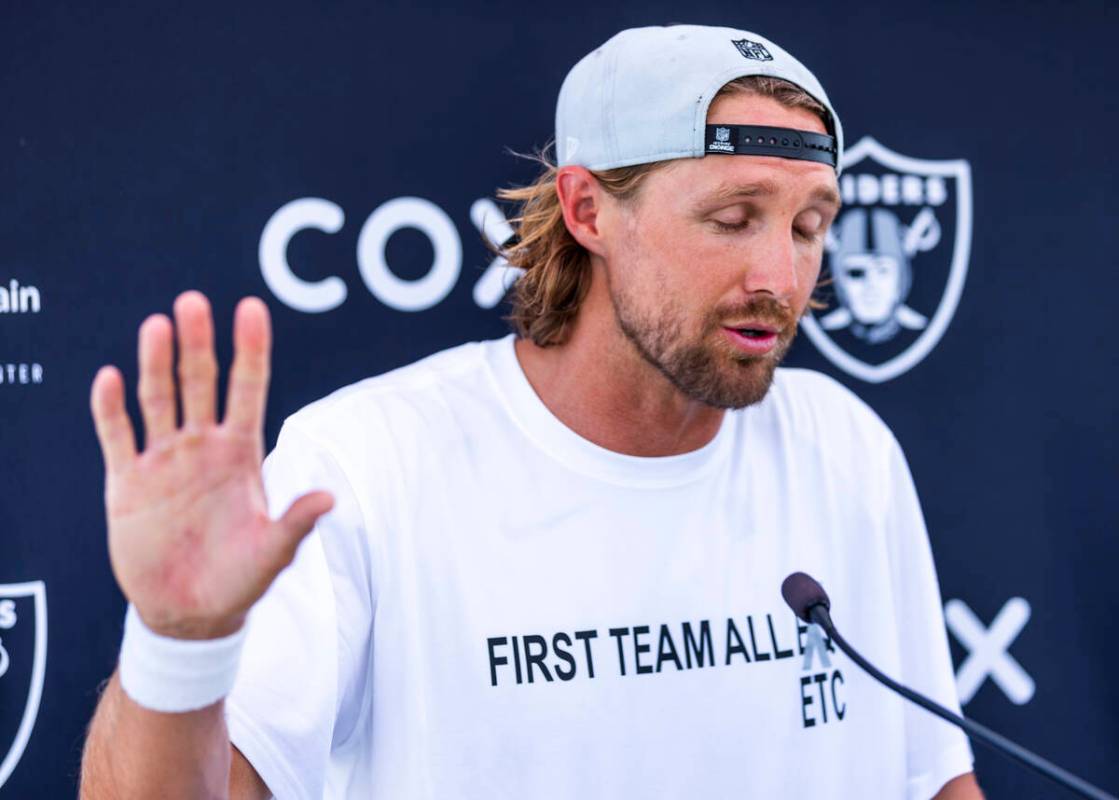 Raiders punter AJ Cole (6) speaks during OTA's at the Intermountain Health Performance Center o ...