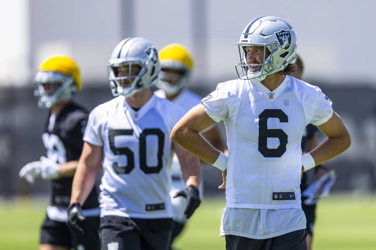 Raiders punter AJ Cole (6) looks to teammates during OTA's at the Intermountain Health Performa ...