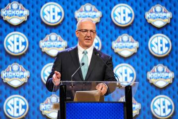 SEC commissioner Greg Sankey speaks during SEC NCAA college football media days, July 15, 2024, ...