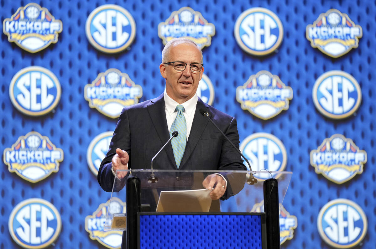 SEC commissioner Greg Sankey speaks during SEC NCAA college football media days, July 15, 2024, ...