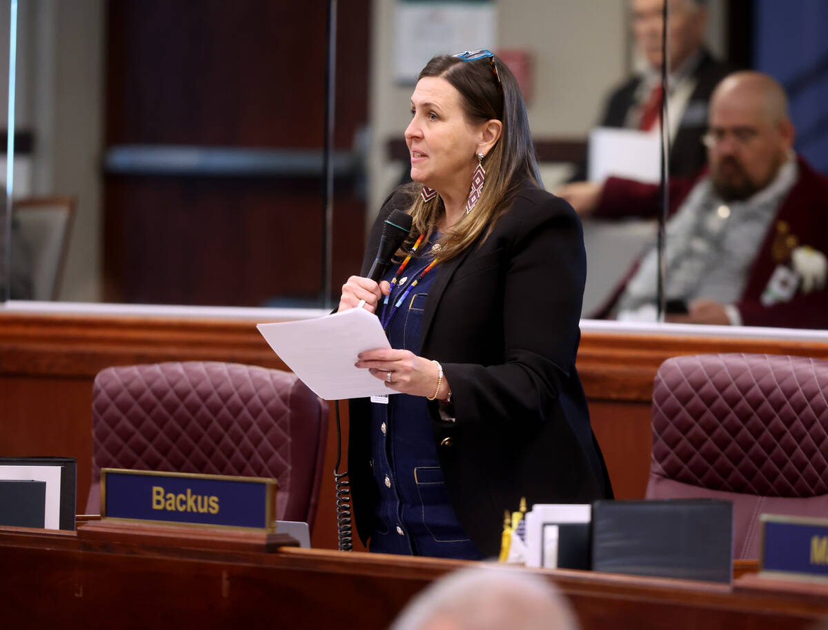 Assembly member Shea Backus, D-Las Vegas, speaks during a floor session in the Legislative Buil ...