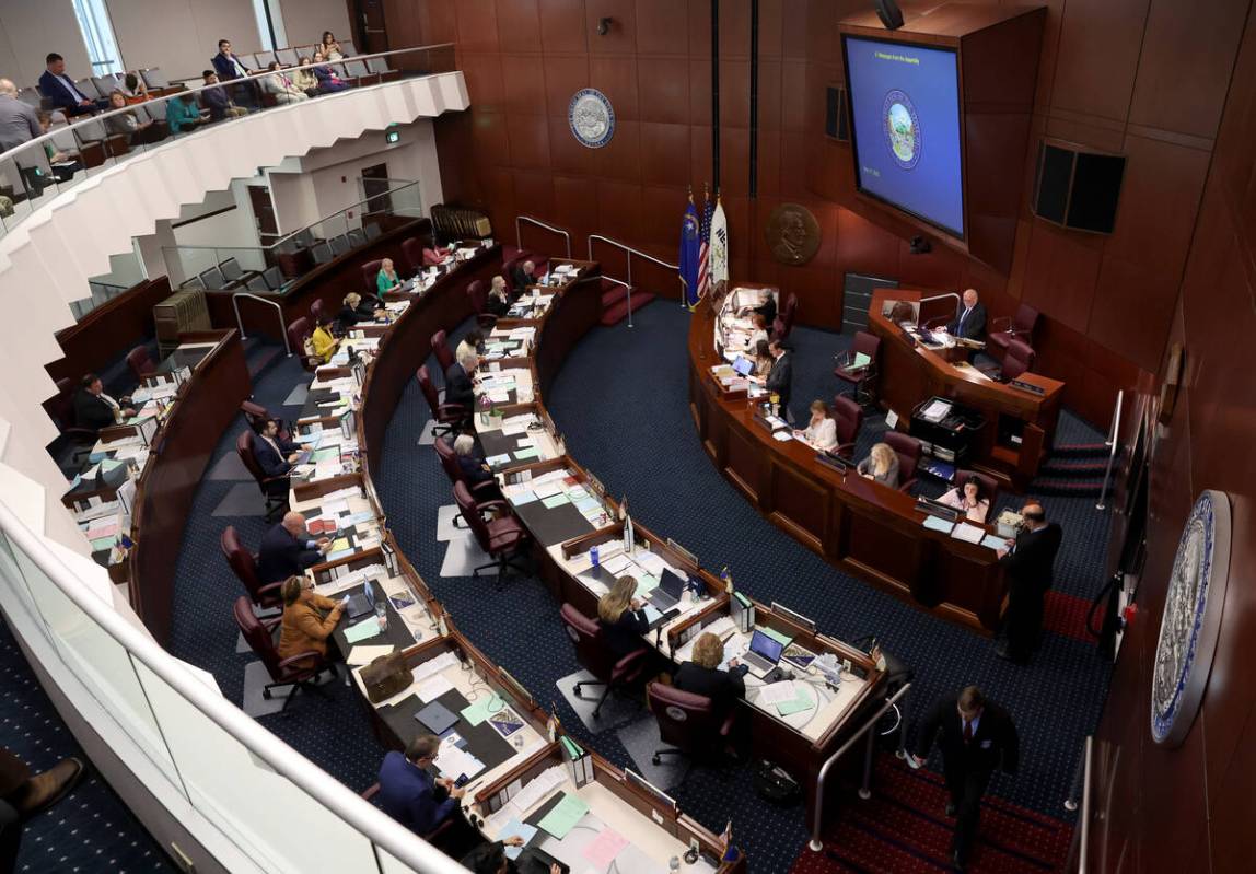 The Senate meets during a floor session in the Legislative Building in Carson City Friday, May ...
