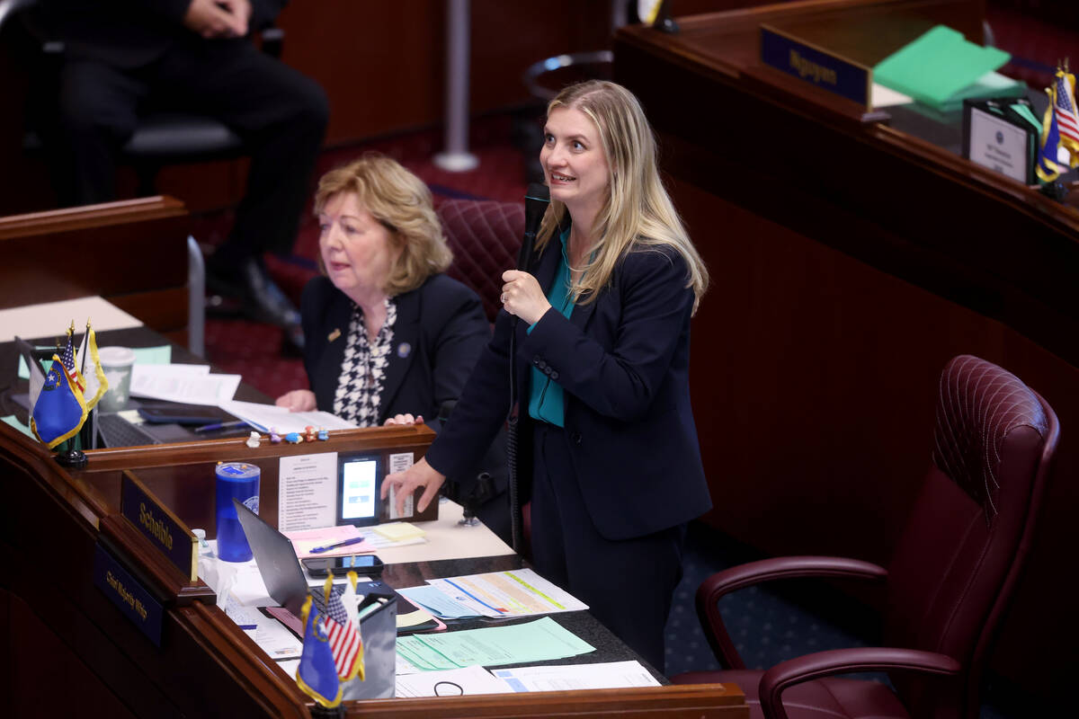 Sen. Melanie Scheible, D-Las Vegas, speaks during a floor session in the Legislative Building i ...