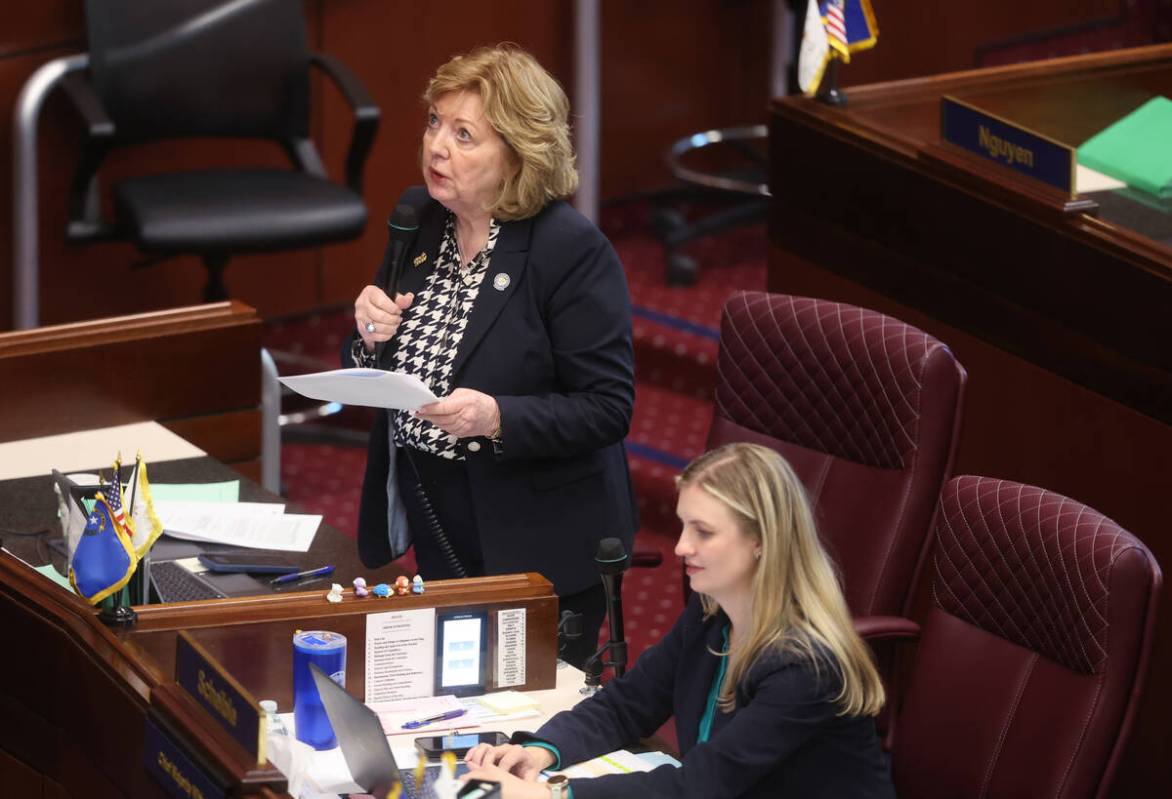 Sen. Marilyn Dondero Loop, D-Las Vegas, speaks during a floor session in the Legislative Buildi ...