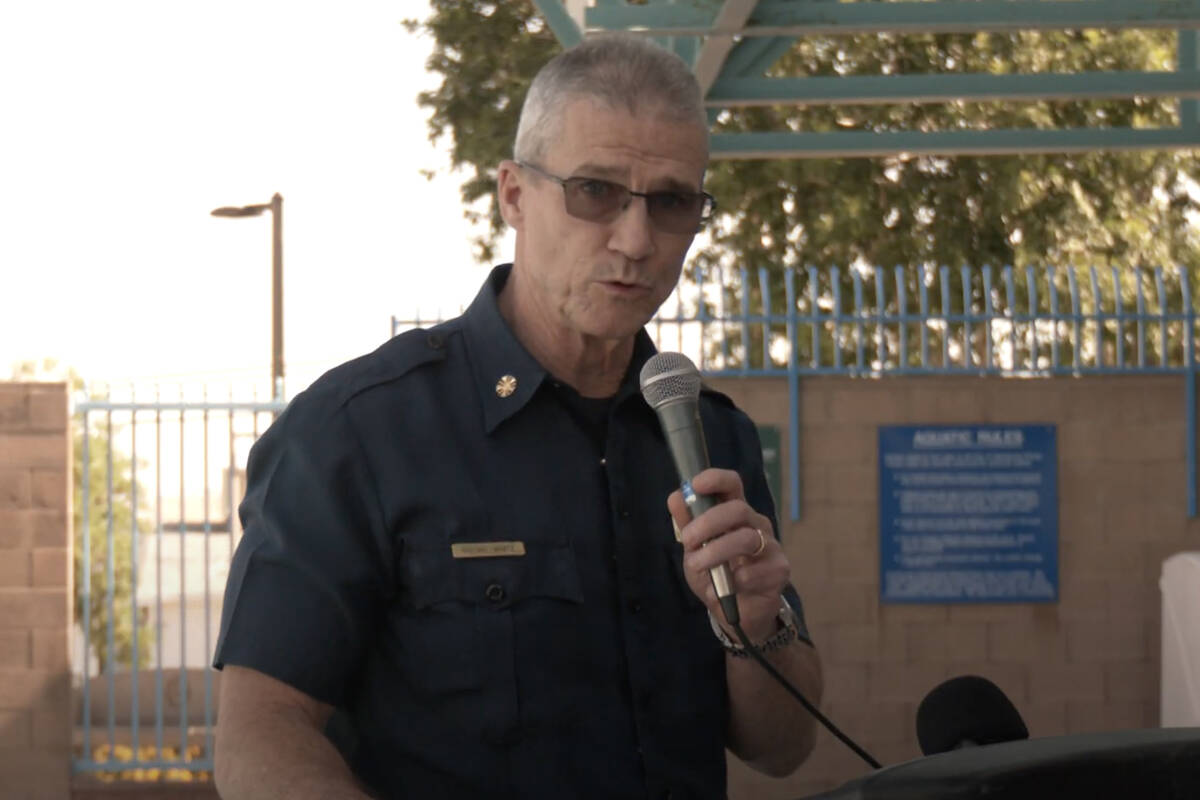 Henderson Fire Chief Shawn White, a top paid employee last year, speaks at a water safety event ...