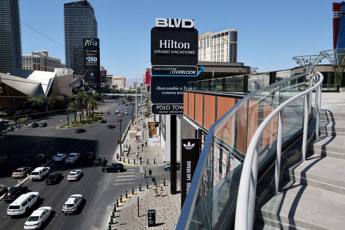 BLVD retail complex is seen from the rooftop deck on the Strip in Las Vegas Monday, May 19, 202 ...