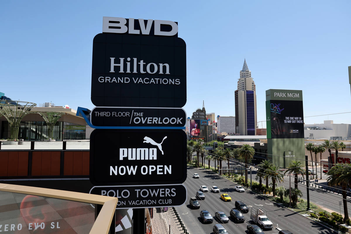BLVD retail complex is seen from the rooftop deck on the Strip in Las Vegas Monday, May 19, 202 ...
