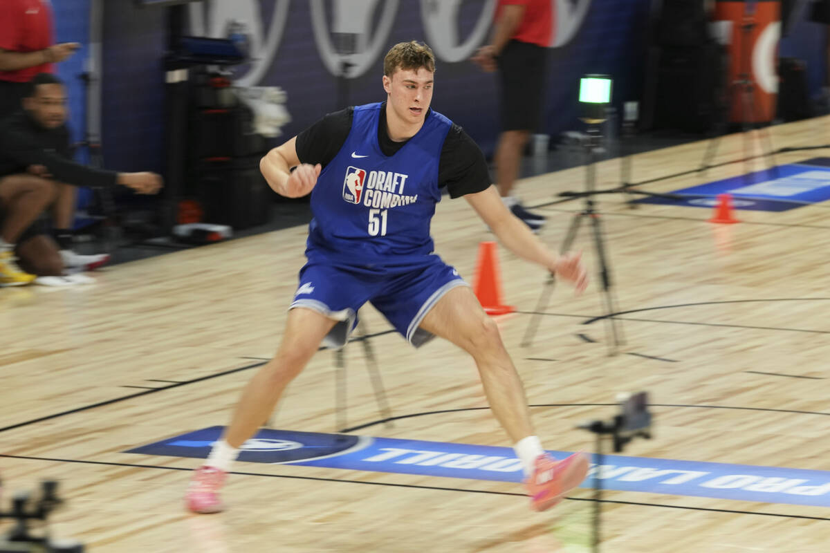 Cooper Flagg participates at the 2025 NBA basketball draft combine in Chicago, Tuesday, May 13, ...