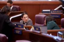 Assembly member Sandra Jauregui, D-Las Vegas, center, talks with Daniele Monroe-Moreno, D-North ...