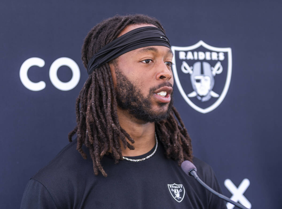 Raiders wide receiver Jakobi Meyers (16) speaks during OTA's at the Intermountain Health Perfor ...