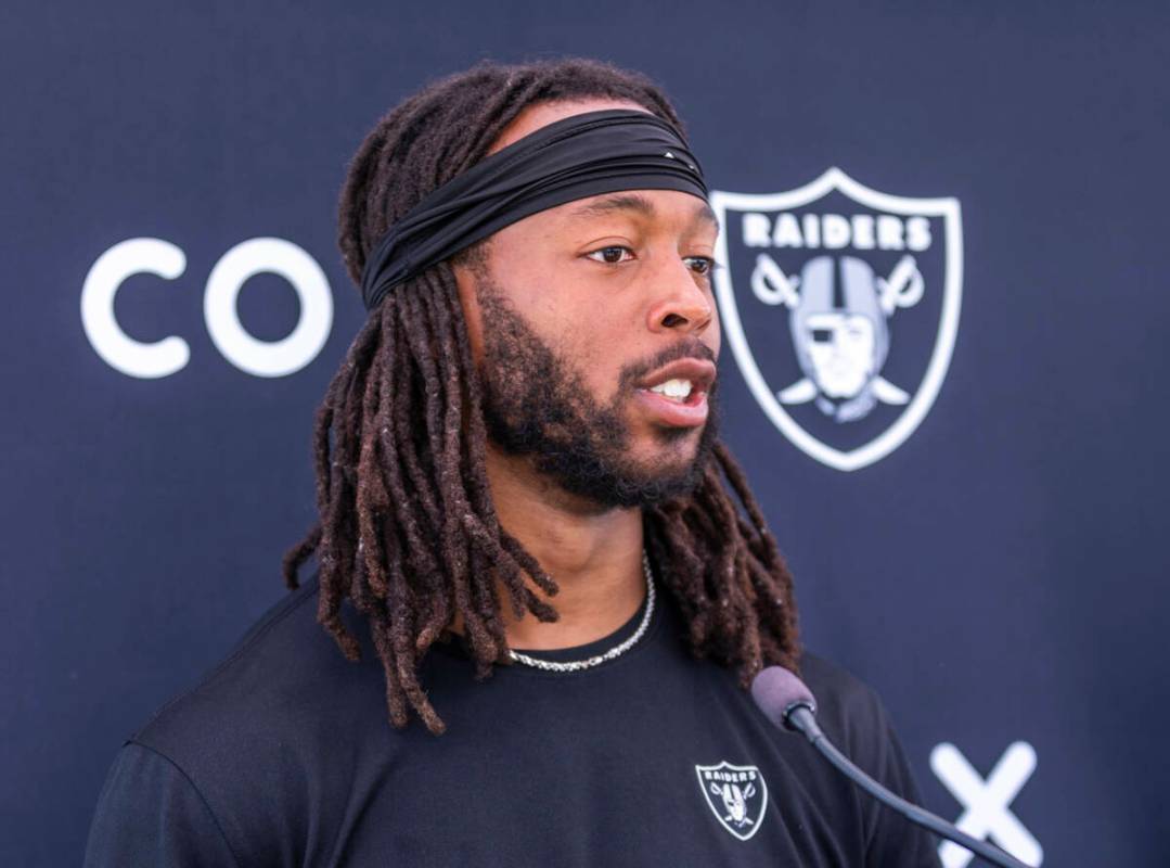 Raiders wide receiver Jakobi Meyers (16) speaks during OTA's at the Intermountain Health Perfor ...
