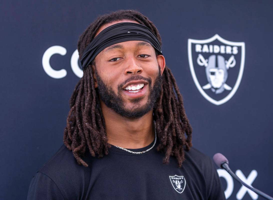 Raiders wide receiver Jakobi Meyers (16) speaks during OTA's at the Intermountain Health Perfor ...