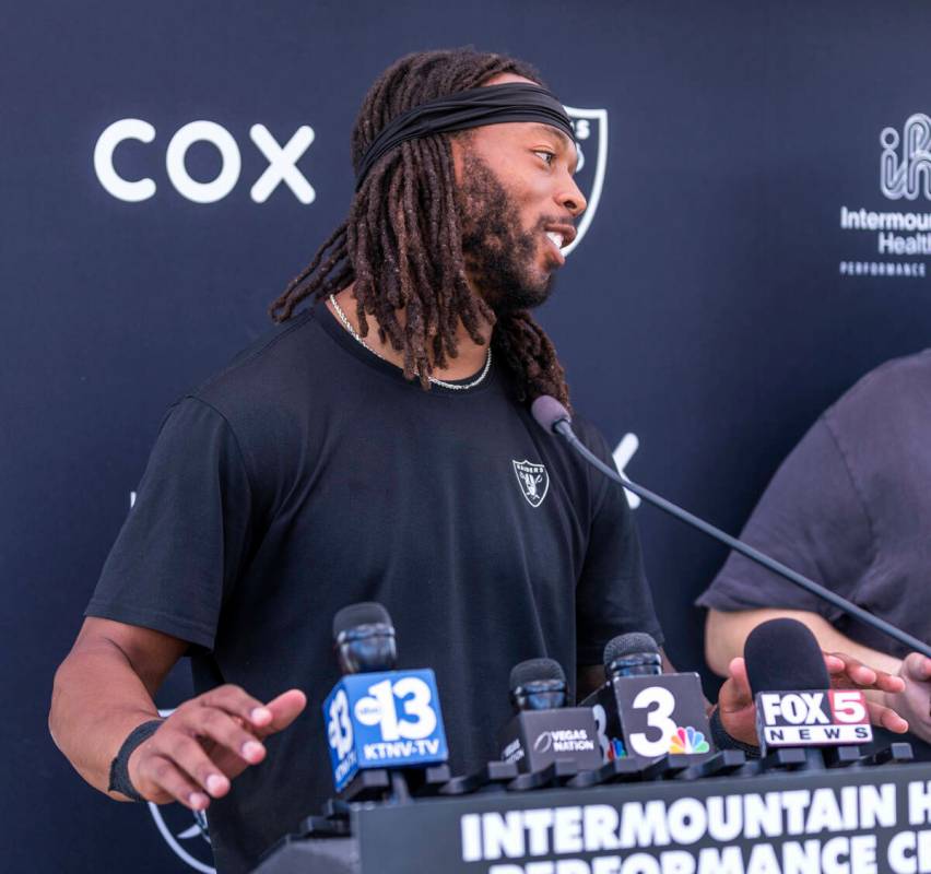 Raiders wide receiver Jakobi Meyers (16) speaks during OTA's at the Intermountain Health Perfor ...