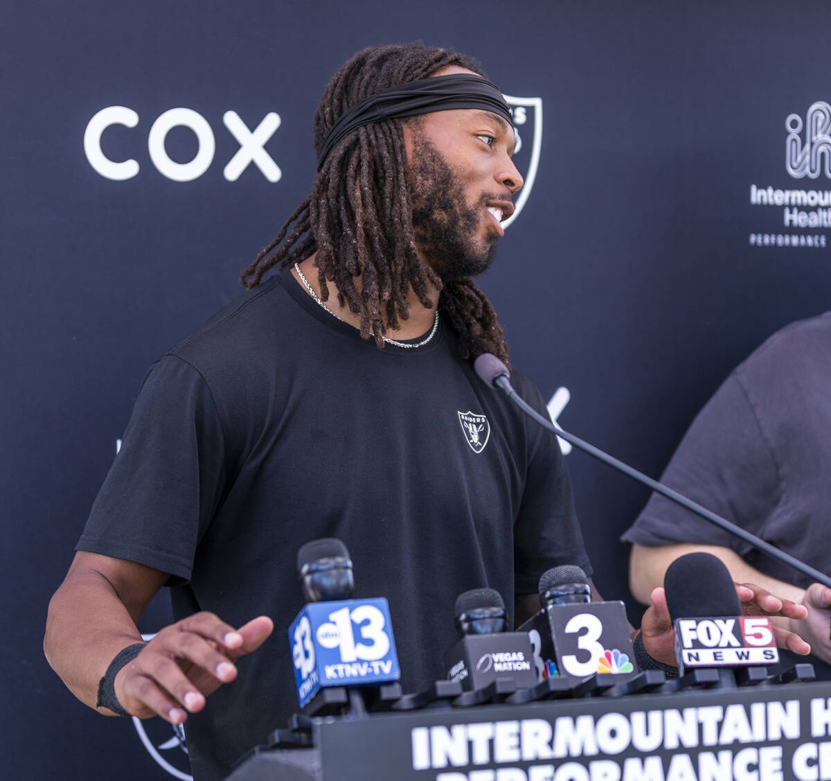 Raiders wide receiver Jakobi Meyers (16) speaks during OTA's at the Intermountain Health Perfor ...