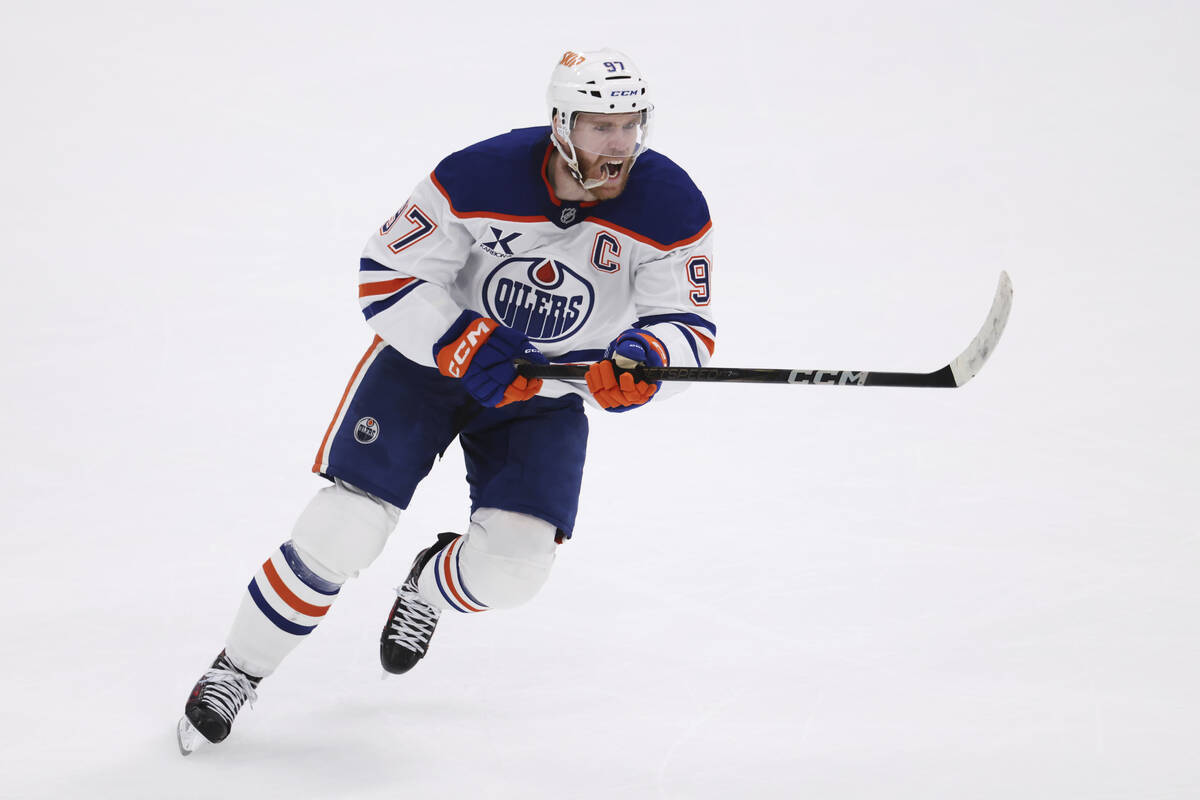 Edmonton Oilers center Connor McDavid celebrates after scoring against the Dallas Stars during ...