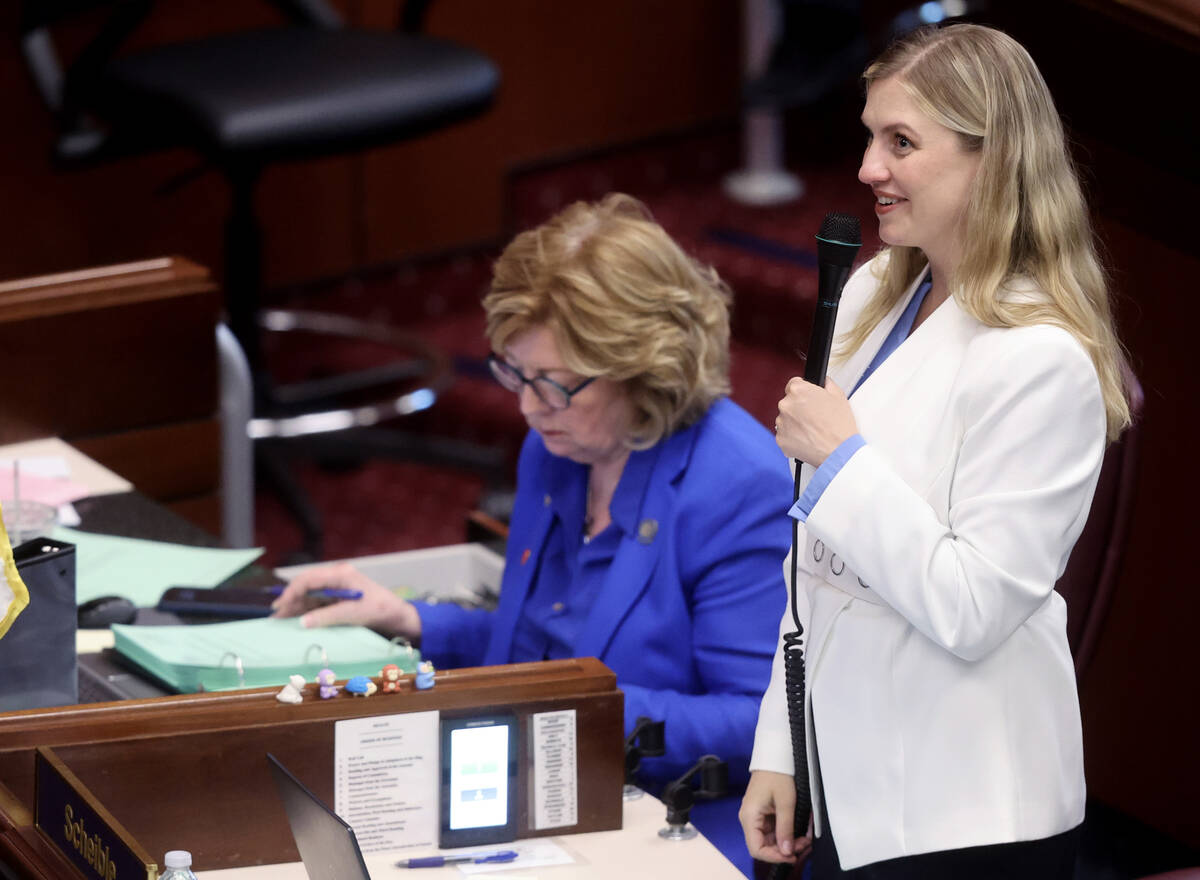 Sen. Melanie Scheible, D-Las Vegas, speaks during a floor session on the final day of the 83rd ...