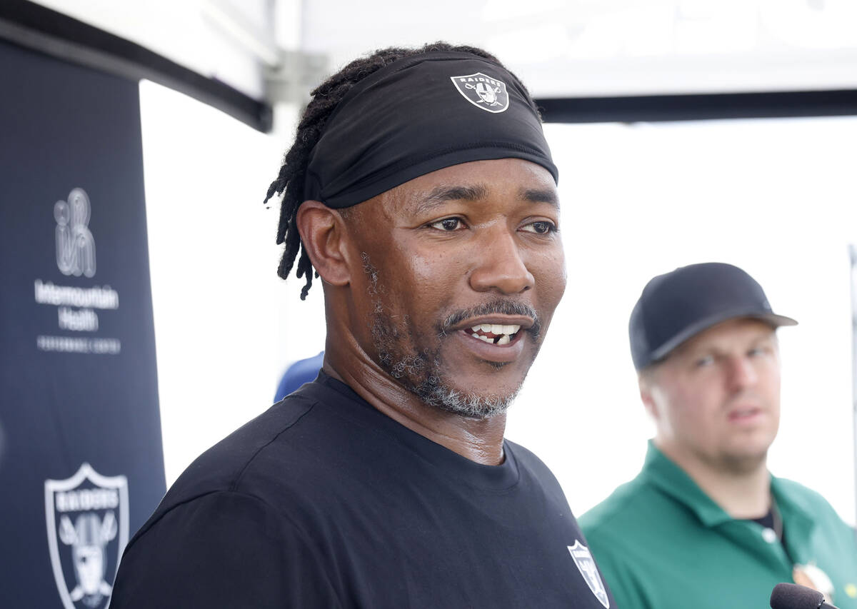 Raiders defensive coordinator Patrick Graham addresses the media after team's practice at the I ...