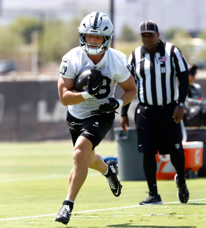 Raiders running back Dylan Laube (23) runs with the ball during organized team activities at th ...