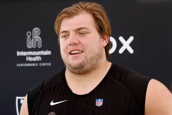 Raiders guard Jackson Powers-Johnson (58) addresses the media after team's practice at the Inte ...