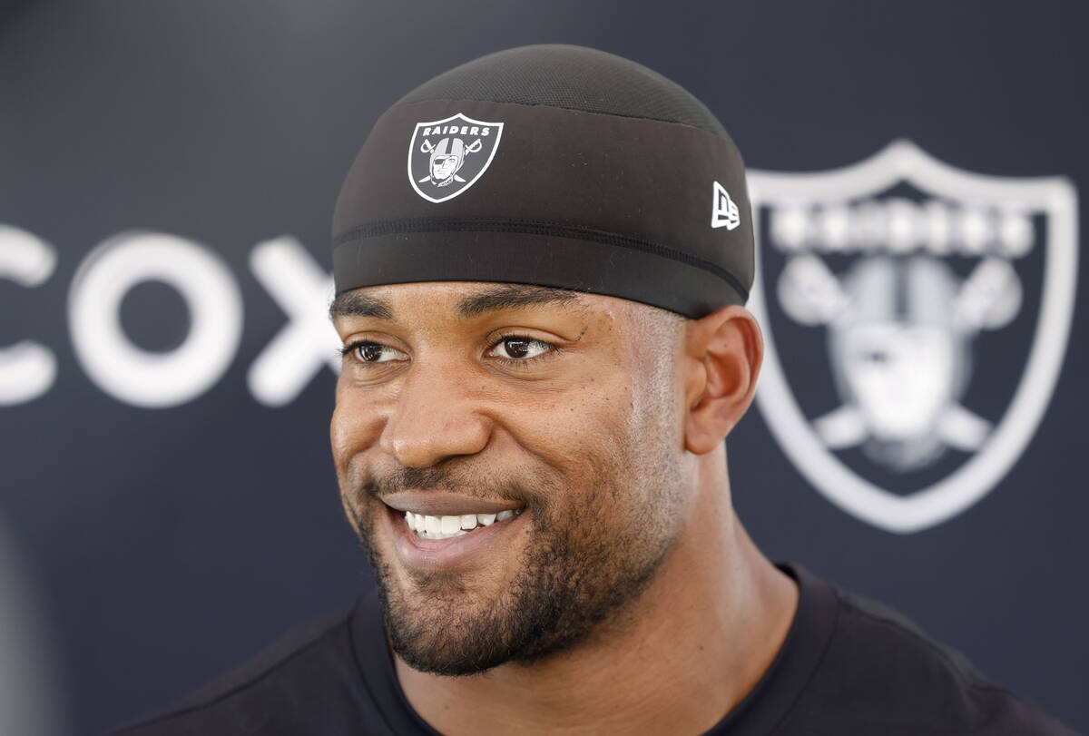 Raiders safety Jeremy Chinn (11) addresses the media after team's practice at the Intermountain ...