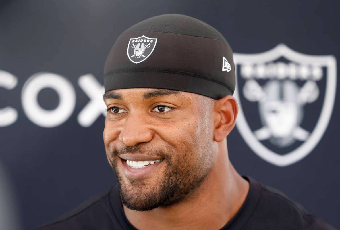 Raiders safety Jeremy Chinn (11) addresses the media after organized team activities at the Int ...