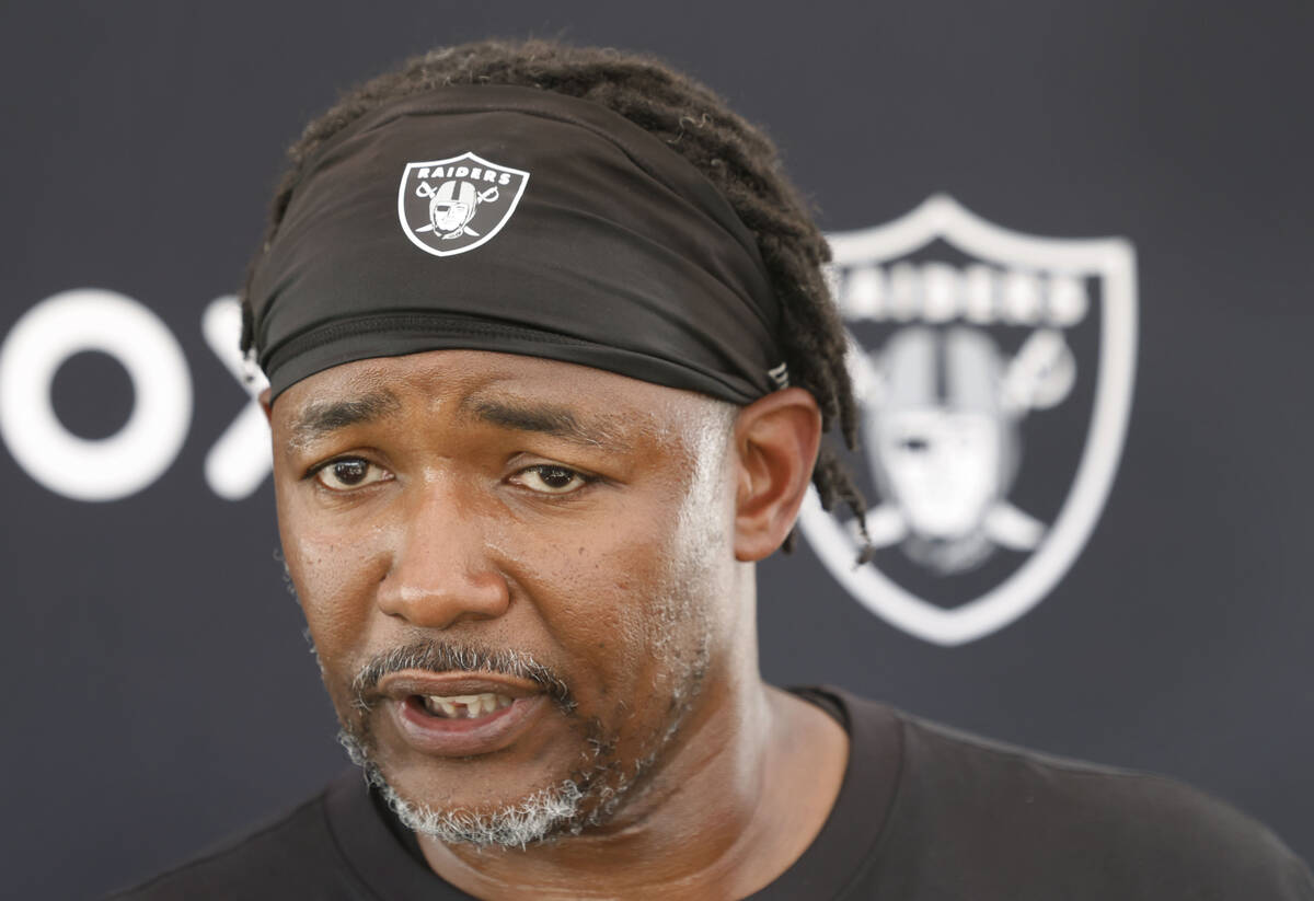 Raiders defensive coordinator Patrick Graham addresses the media after team's practice at the I ...
