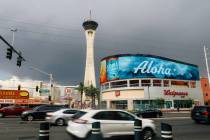 Rain clouds form over The Strat Thursday, June 5, 2025, in Las Vegas. (Madeline Carter/Las Vega ...