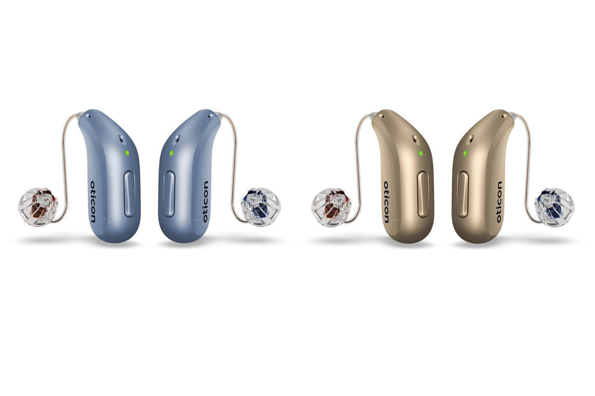 This combination of images shows promotional art for Oticon Intent hearing aids. (Oticon via AP)