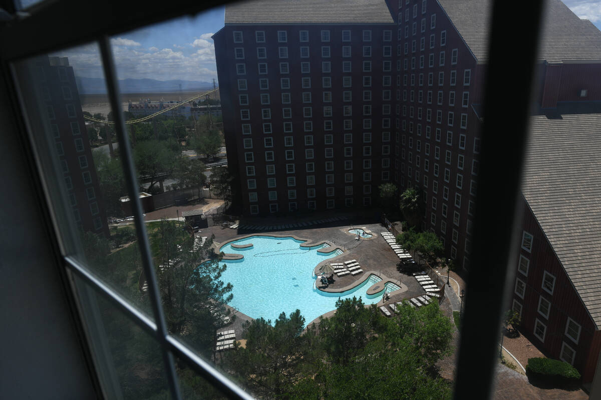 A buffalo-shaped swimming pool is seen at Buffalo Bill’s Resort and Casino June 2, 2025, in P ...