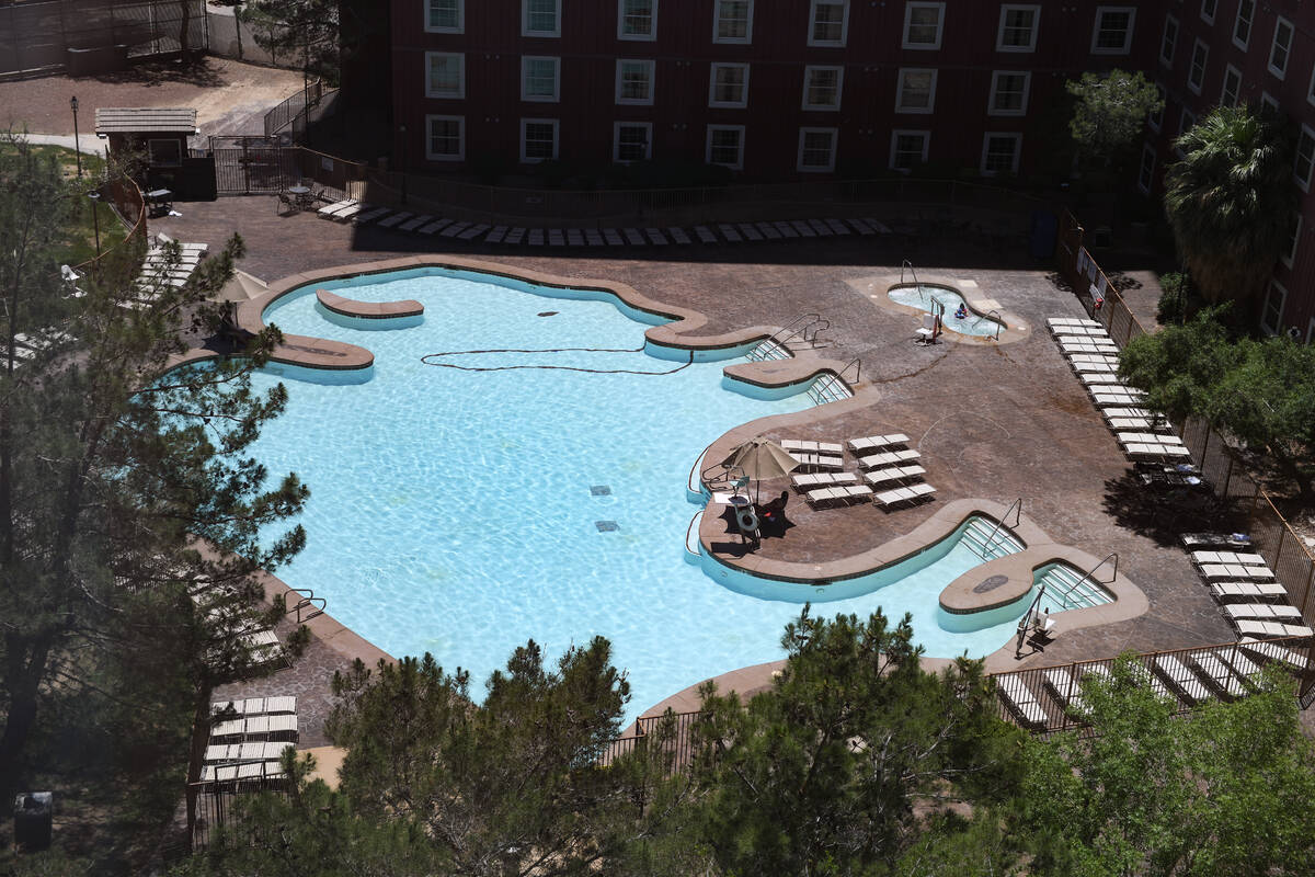 A buffalo-shaped swimming pool is seen at Buffalo Bill’s Resort and Casino June 2, 2025, in P ...