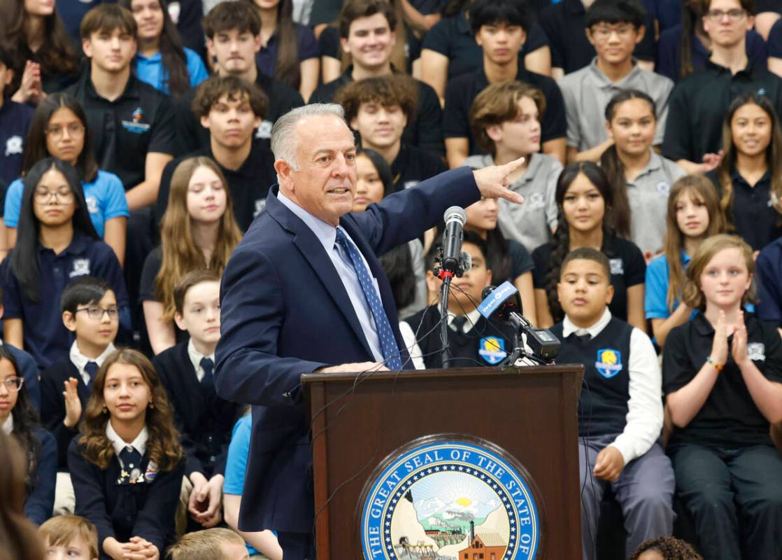 Gov. Joe Lombardo presents his education bill during a press conference at Pinecrest Academy of ...