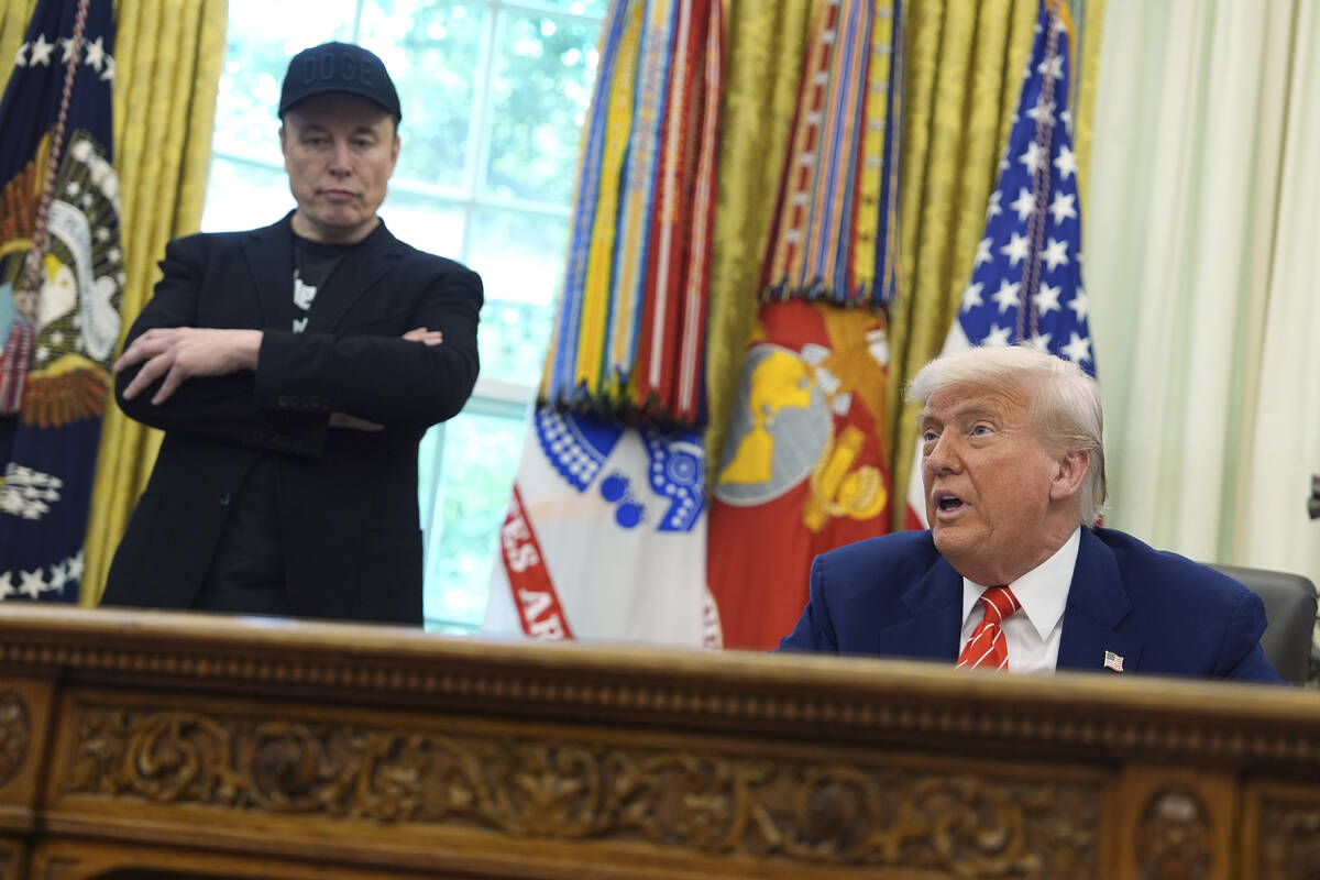 President Donald Trump speaks during a news conference with Elon Musk in the Oval Office of the ...