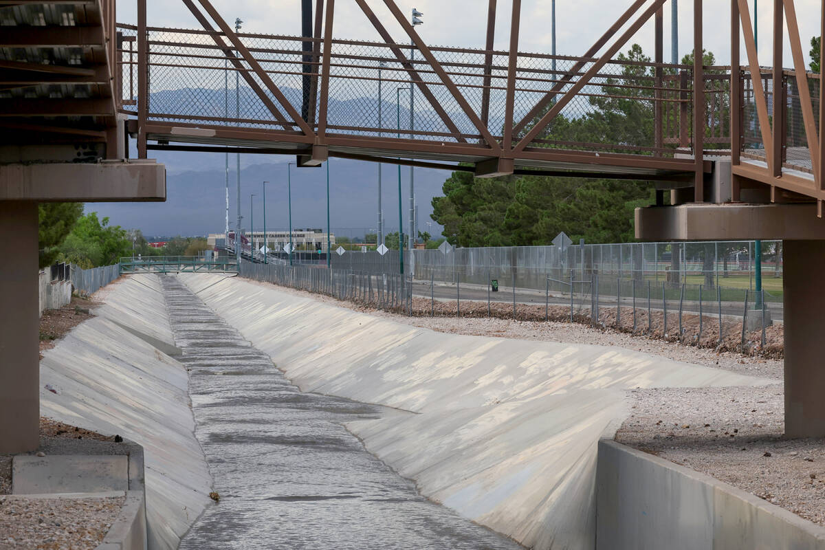 Water is seen in a flood control channel at Bettye Wilson Soccer Complex near North Buffalo Dri ...