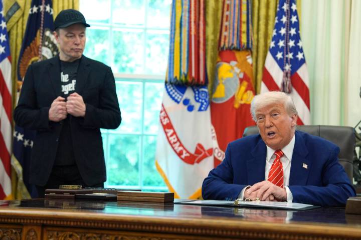 President Donald Trump speaks during a news conference with Elon Musk in the Oval Office of the ...