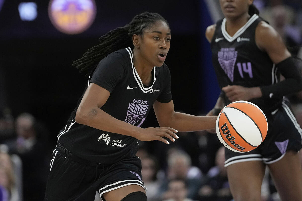 Golden State Valkyries guard Tiffany Hayes, left, and center Temi Fagbenle (14) during a WNBA b ...