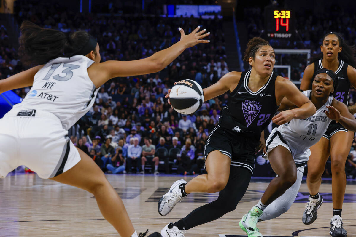 Golden State Valkyries guard Veronica Burton (22) drives to the basket against Las Vegas Aces g ...