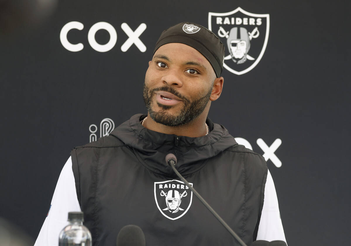 Raiders linebacker Elandon Roberts (52) addresses the media after organized team activities at ...