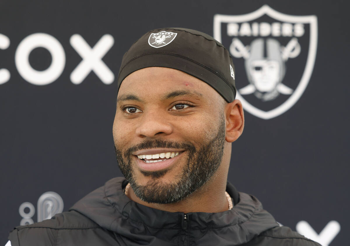 Raiders linebacker Elandon Roberts (52) addresses the media after organized team activities at ...