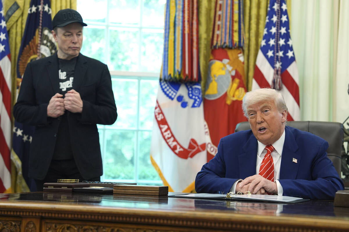 President Donald Trump speaks during a news conference with Elon Musk in the Oval Office of the ...