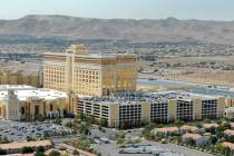 An aerial view of the South Point Hotel and Casino on Wednesday, September 29, 2021. (Michael Q ...