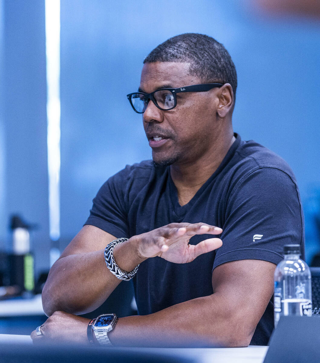 Raiders running backs coach Deland McCullough speaks at the Intermountain Health Performance Ce ...
