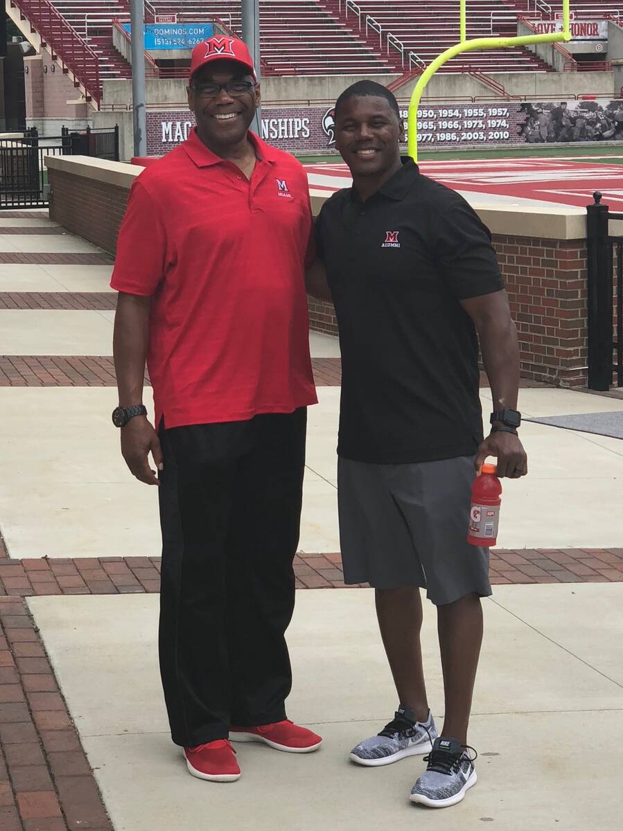 Deland McCullough, right, and his father, Sherman Smith, are shown in 2018 at Miami of Ohio. Mc ...