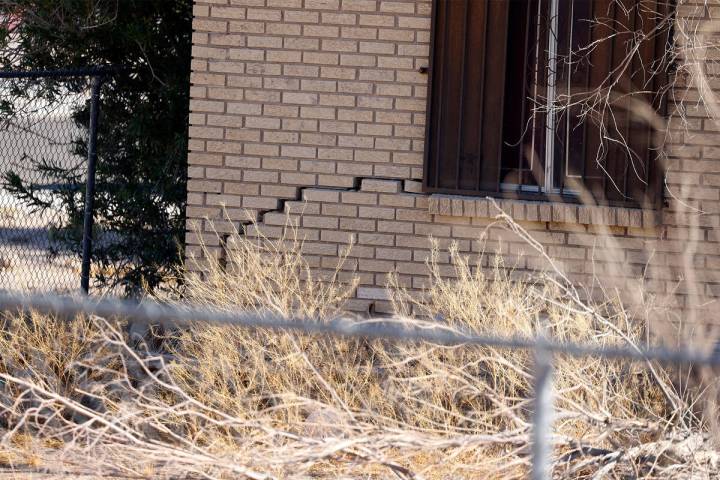 Cracks are visible on a house in North Las Vegas' Windsor Park community on Thursday, Oct. 10, ...