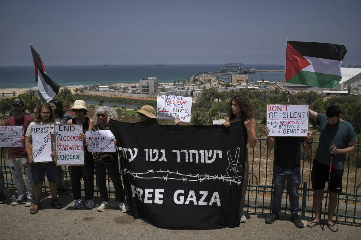 People wave the Palestinian flag and hold signs in support of Greta Thunberg and other activist ...