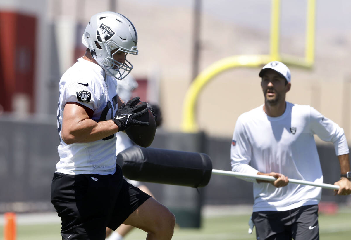 Raiders tight end Michael Mayer (87) catches the ball during an NFL mandatory football minicamp ...
