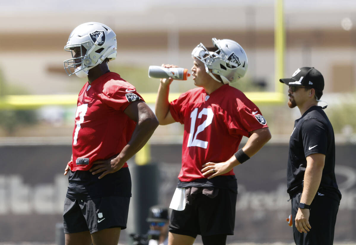 Raiders quarterbacks Aidan O'Connell (12) and Geno Smith (7) take a break during an NFL mandato ...
