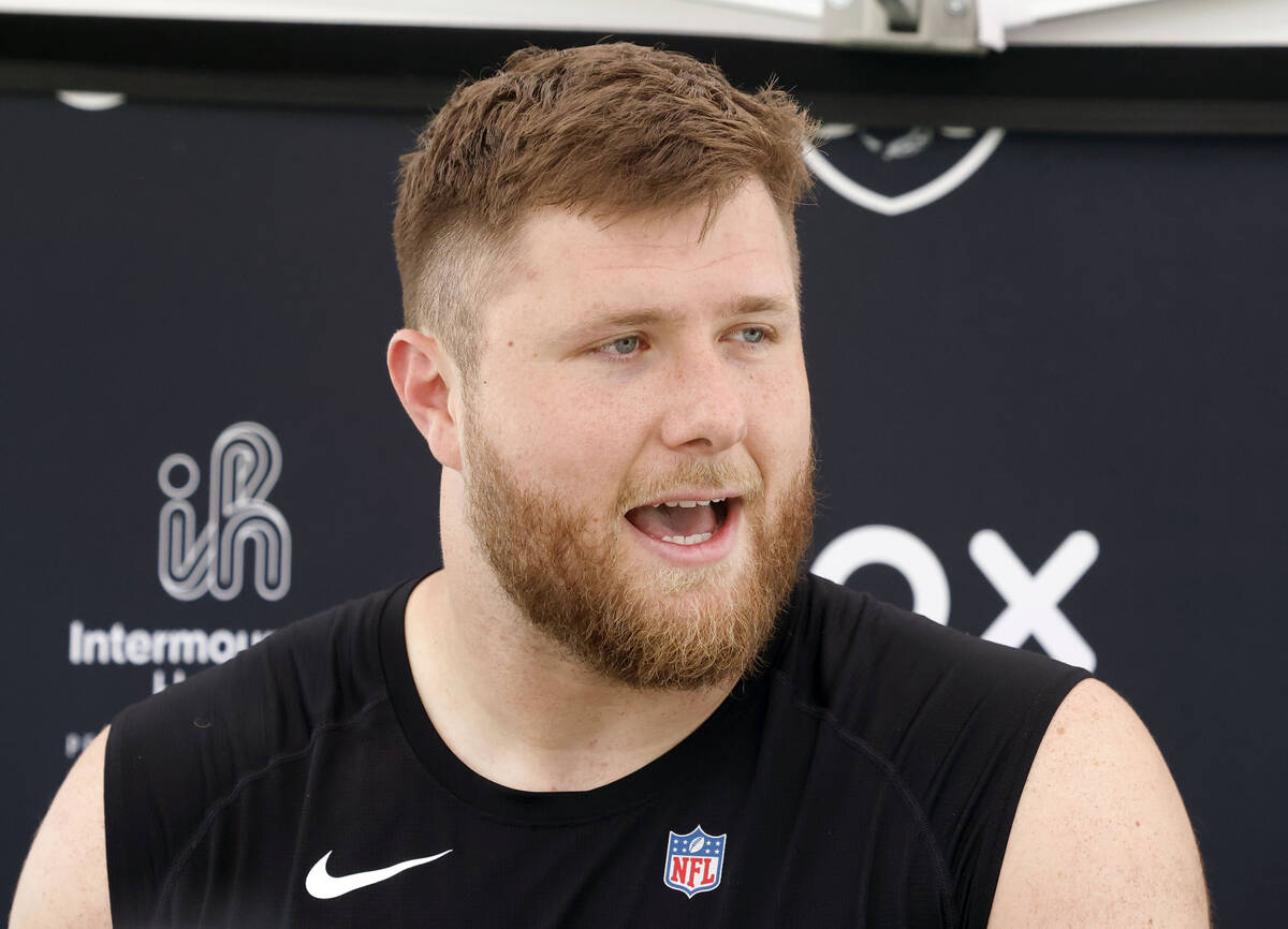 Raiders offensive tackle Kolton Miller addresses the media after participating in an NFL mandat ...