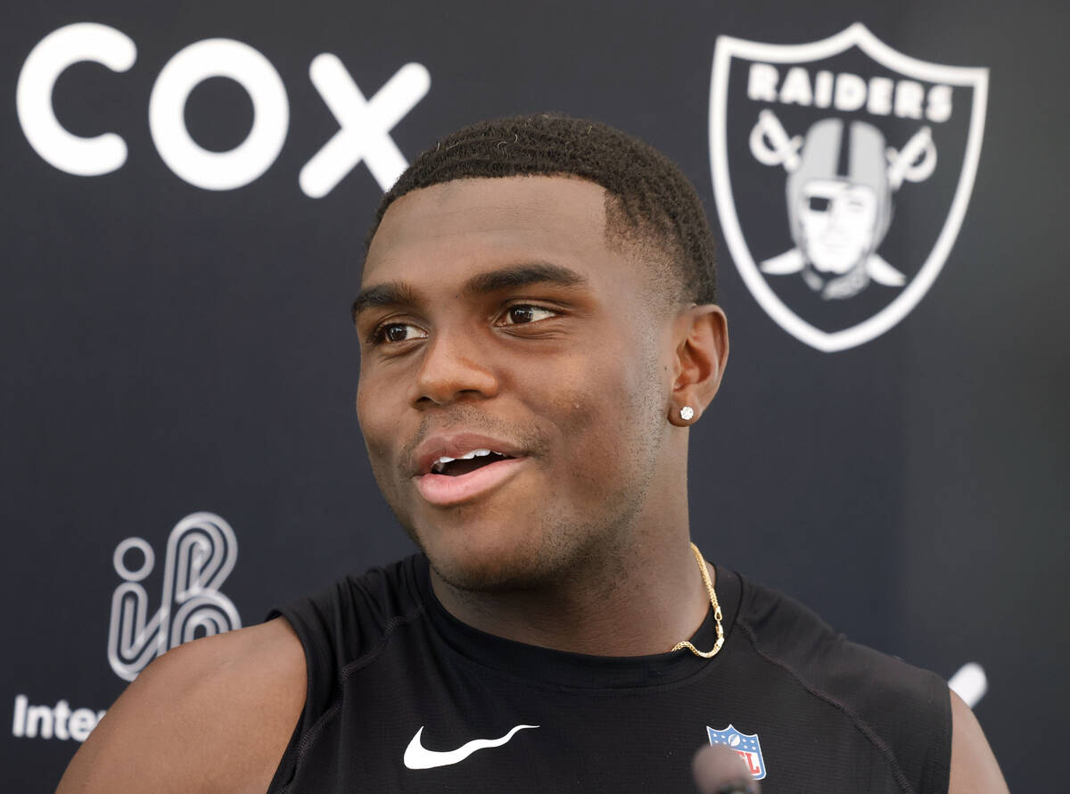 Raiders cornerback Jakorian Bennett addresses the media after participating in an NFL mandatory ...